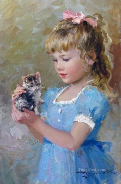動物 Painting - 子猫と女の子 KR 042 ペットキッズ